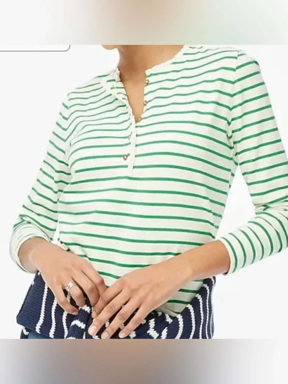 J. Crew Striped Green and White Ruffleneck Henley Top small